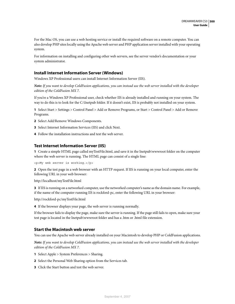 Install internet information server (windows), Test internet information server (iis), Start the macintosh web server | Adobe Dreamweaver CS3 User Manual | Page 507 / 738