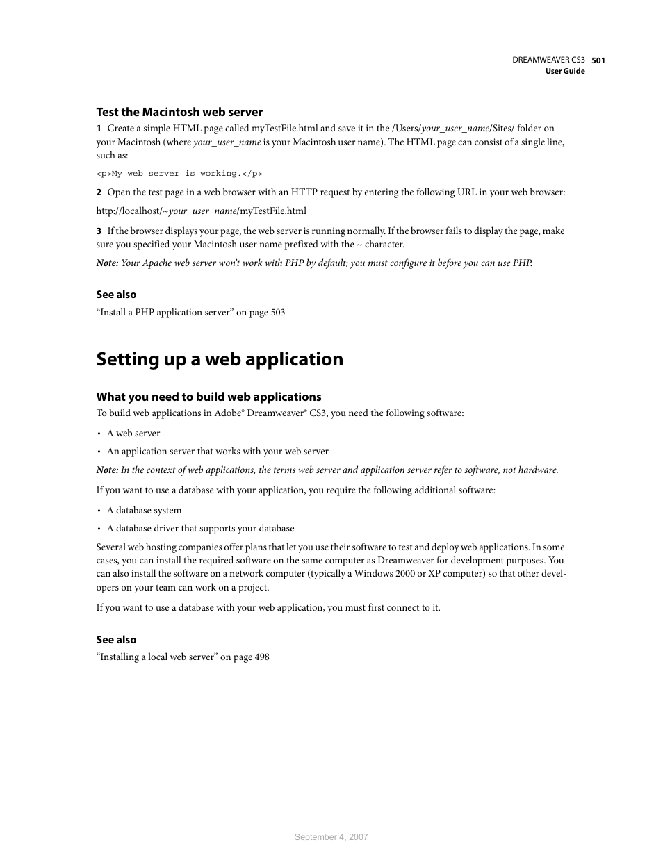 Test the macintosh web server, Setting up a web application, What you need to build web applications | Adobe Dreamweaver CS3 User Manual | Page 508 / 738