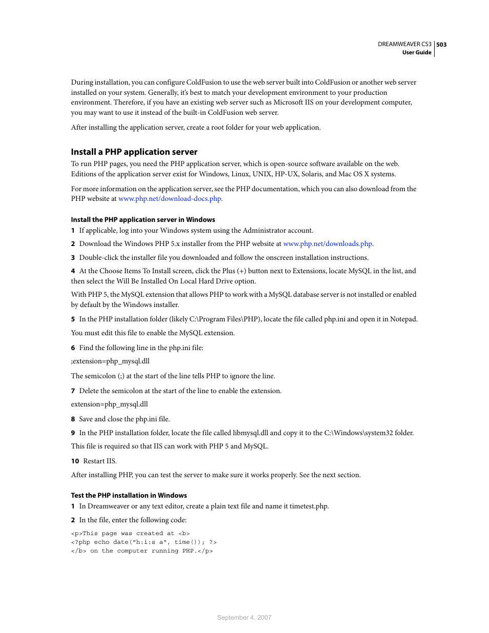 Install a php application server | Adobe Dreamweaver CS3 User Manual | Page 510 / 738