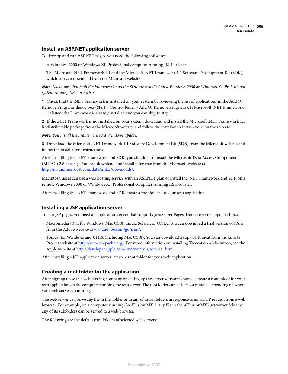 Install an asp.net application server, Installing a jsp application server, Creating a root folder for the application | Adobe Dreamweaver CS3 User Manual | Page 513 / 738