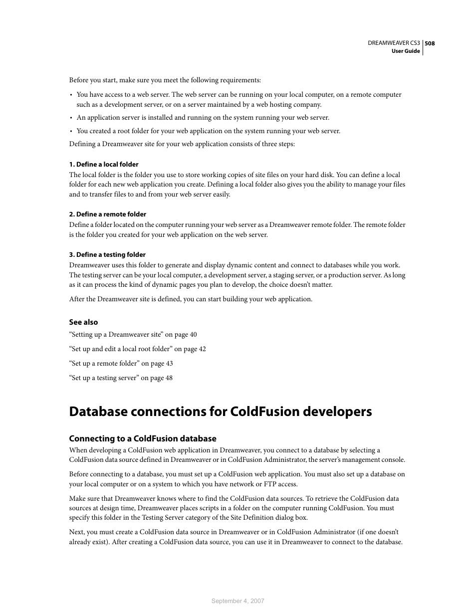 Database connections for coldfusion developers, Connecting to a coldfusion database | Adobe Dreamweaver CS3 User Manual | Page 515 / 738