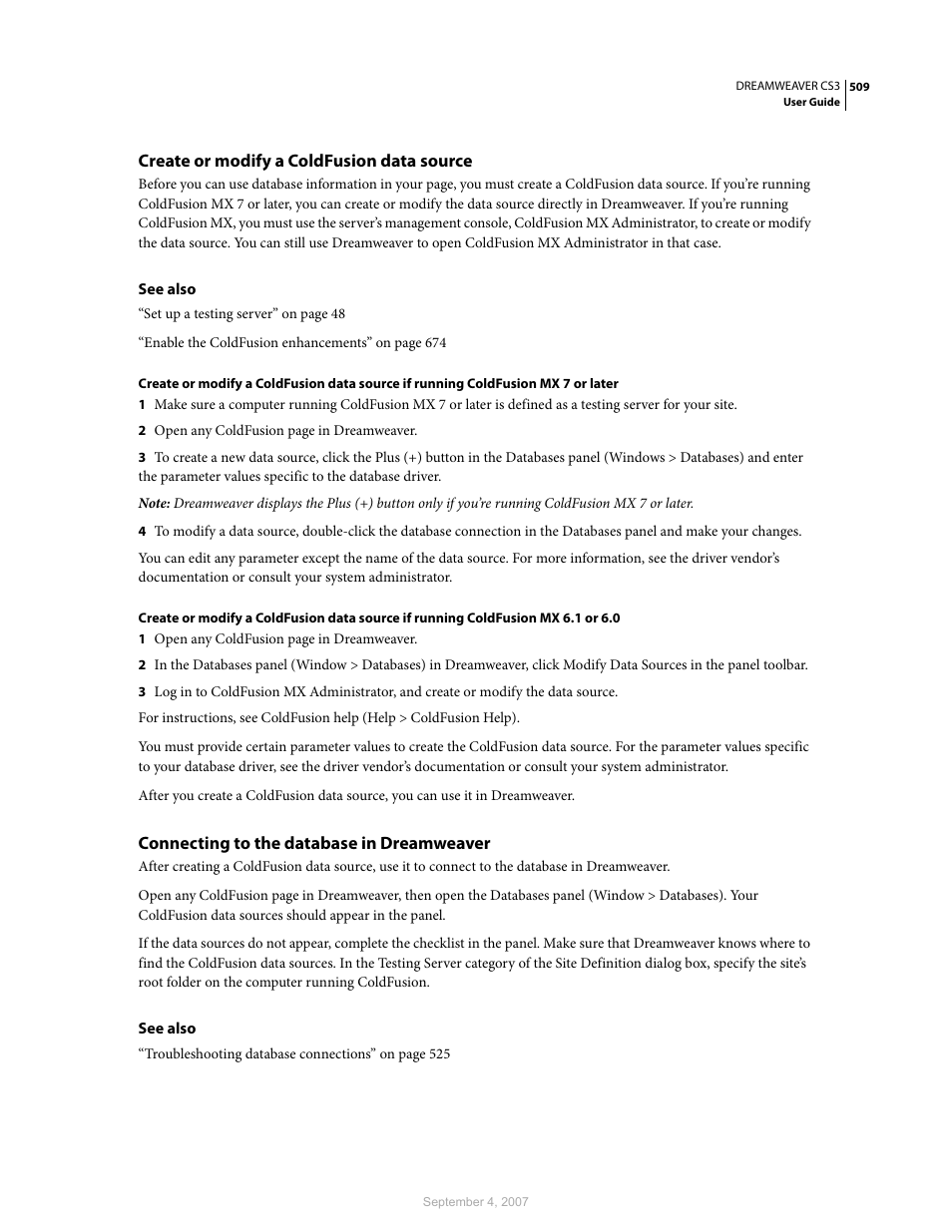 Create or modify a coldfusion data source, Connecting to the database in dreamweaver | Adobe Dreamweaver CS3 User Manual | Page 516 / 738