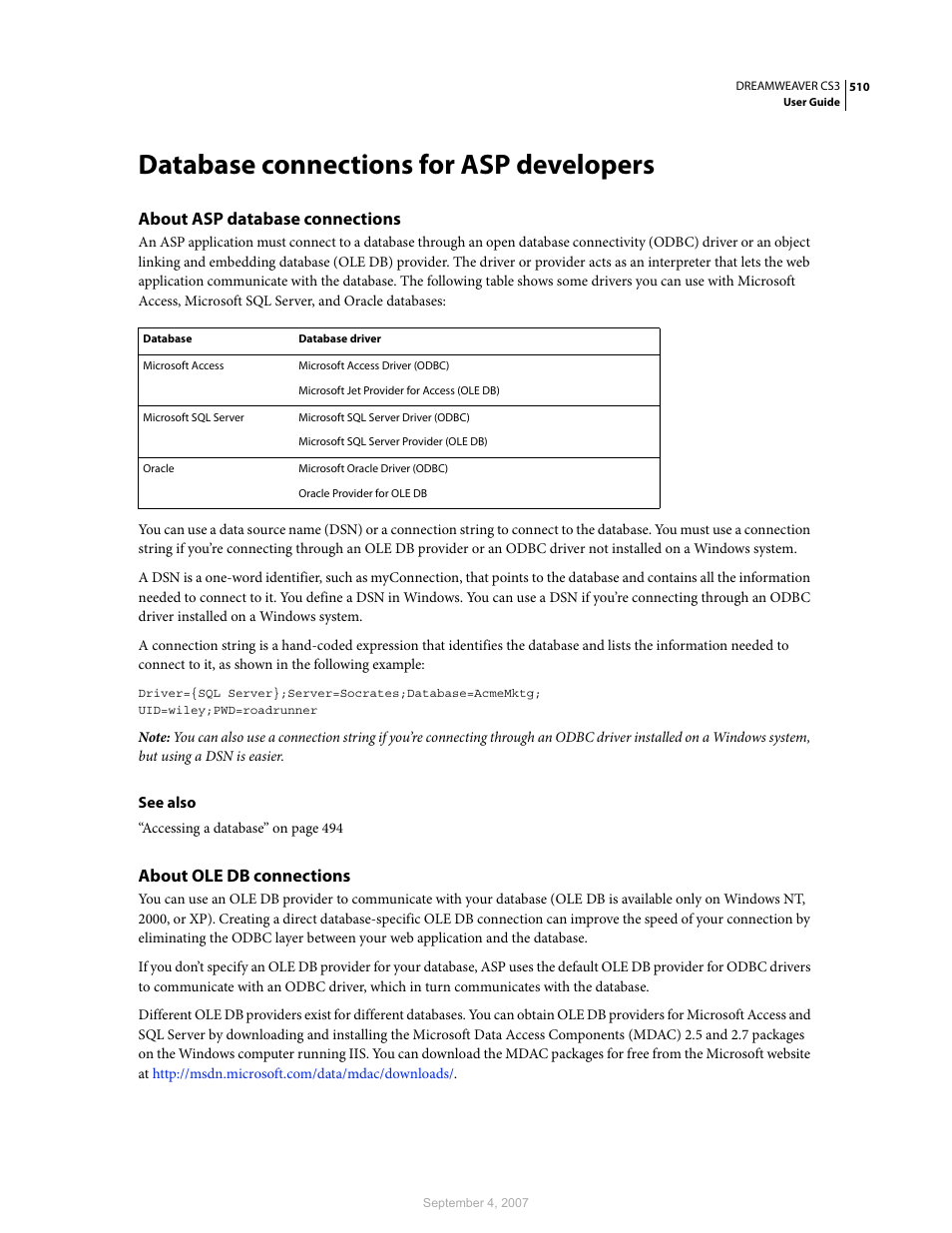 Database connections for asp developers, About asp database connections, About ole db connections | Adobe Dreamweaver CS3 User Manual | Page 517 / 738