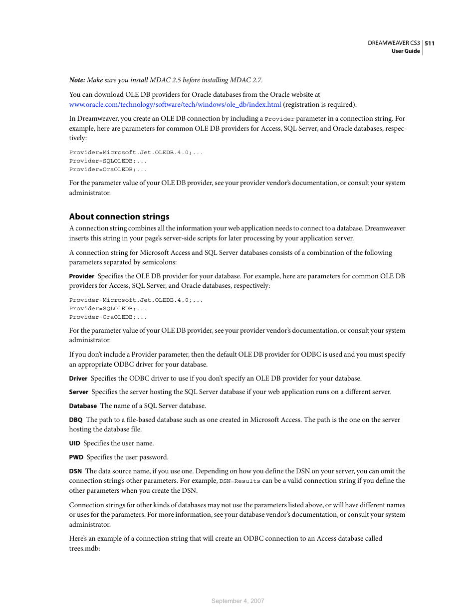 About connection strings | Adobe Dreamweaver CS3 User Manual | Page 518 / 738