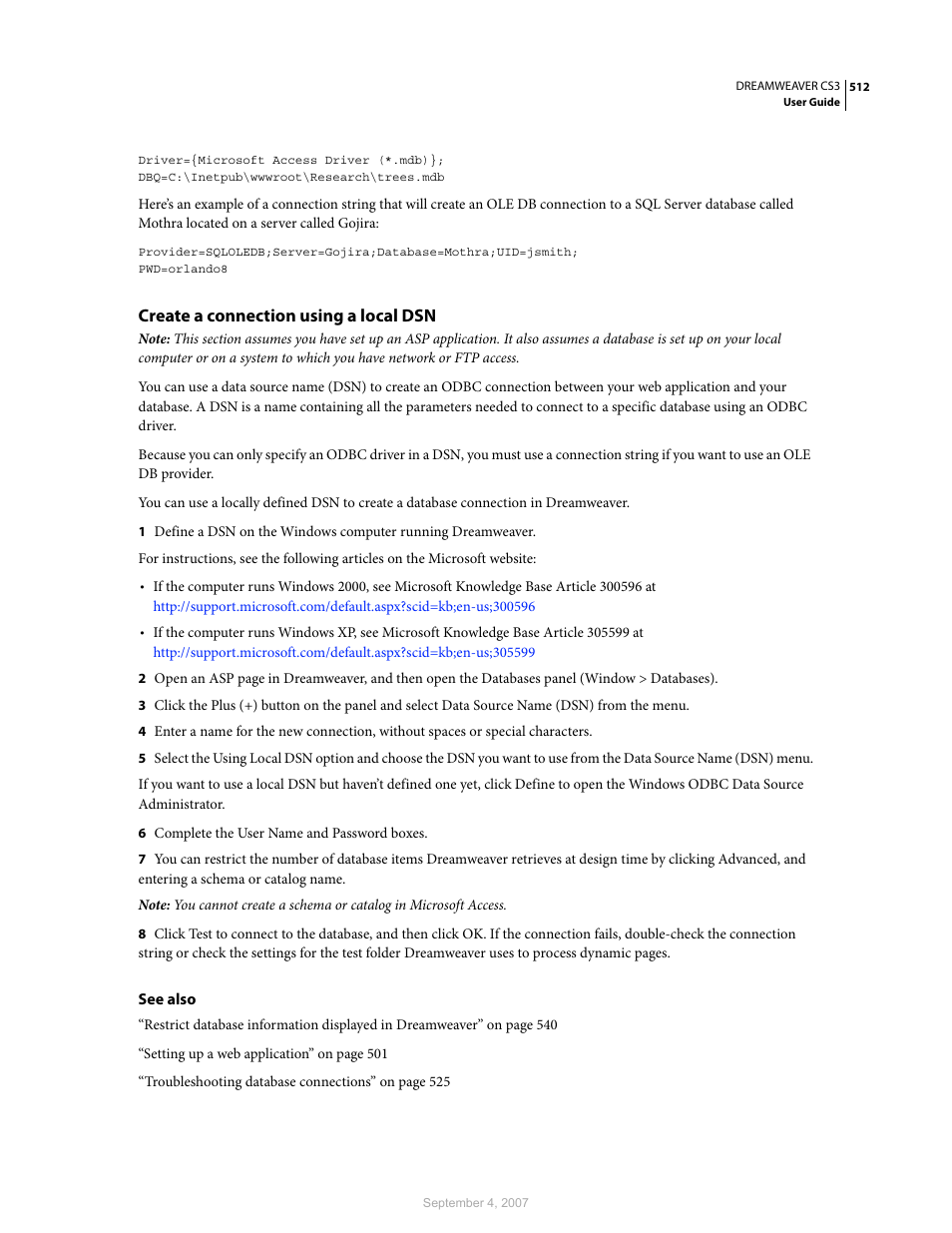 Create a connection using a local dsn | Adobe Dreamweaver CS3 User Manual | Page 519 / 738