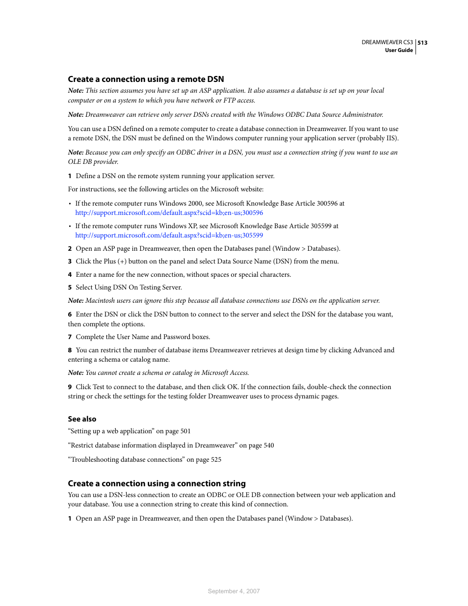 Create a connection using a remote dsn, Create a connection using a connection string | Adobe Dreamweaver CS3 User Manual | Page 520 / 738