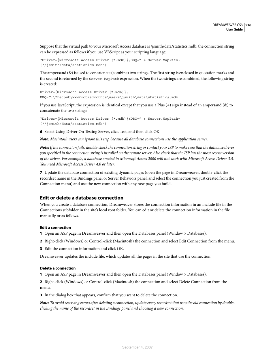Edit or delete a database connection | Adobe Dreamweaver CS3 User Manual | Page 523 / 738