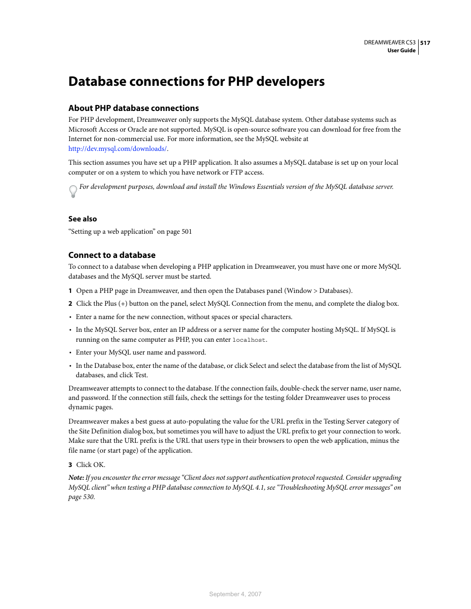 Database connections for php developers, About php database connections, Connect to a database | Adobe Dreamweaver CS3 User Manual | Page 524 / 738