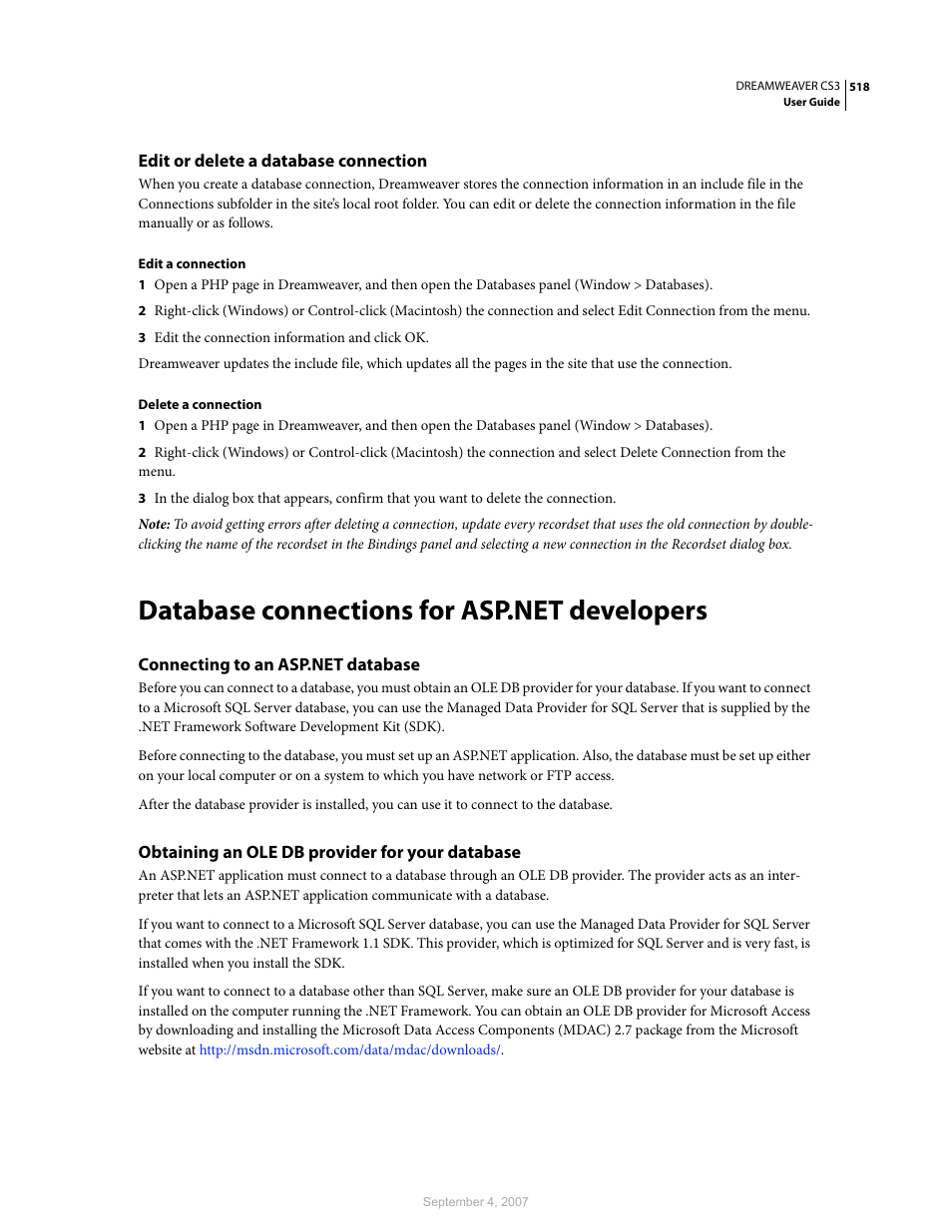 Edit or delete a database connection, Database connections for asp.net developers, Connecting to an asp.net database | Obtaining an ole db provider for your database | Adobe Dreamweaver CS3 User Manual | Page 525 / 738