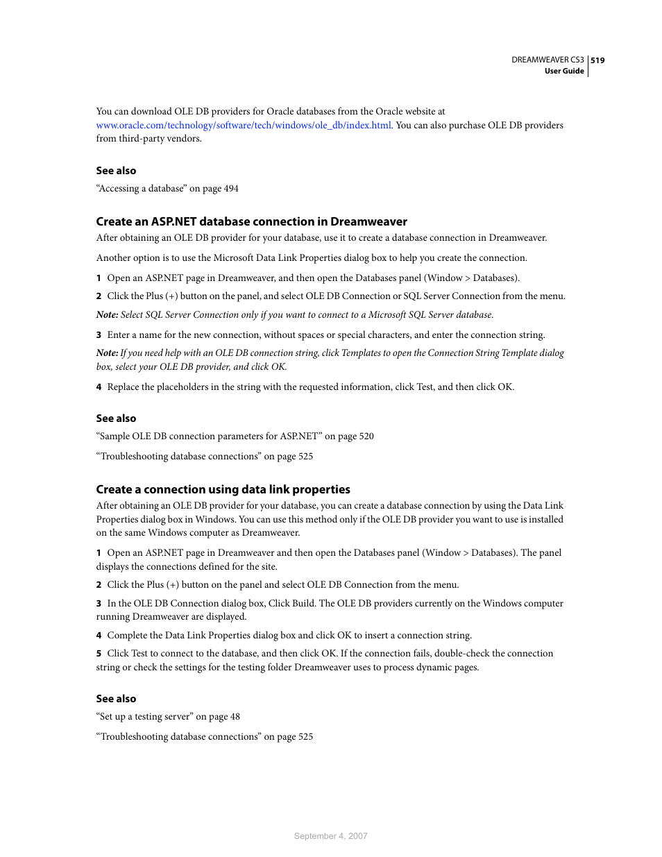 Create a connection using data link properties | Adobe Dreamweaver CS3 User Manual | Page 526 / 738