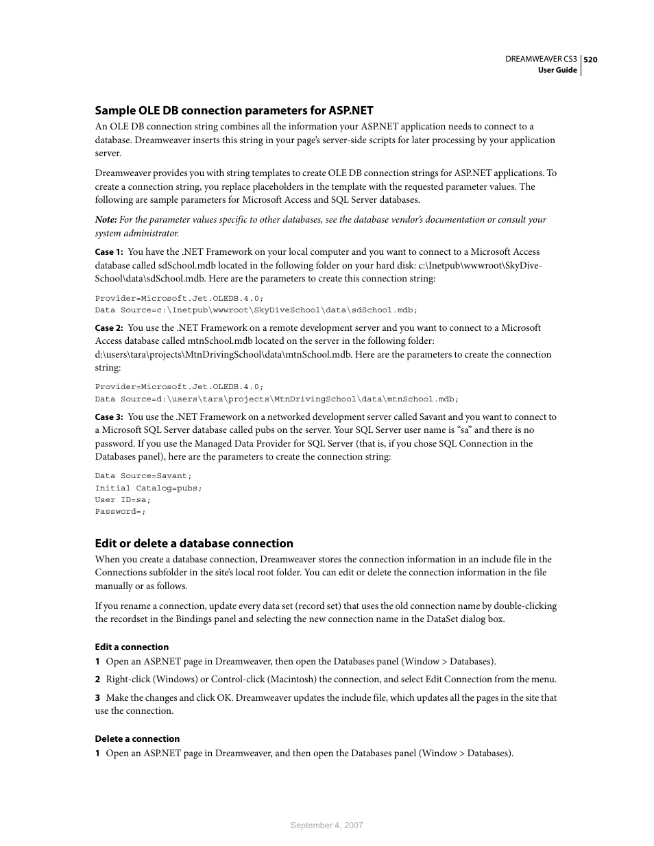 Sample ole db connection parameters for asp.net, Edit or delete a database connection | Adobe Dreamweaver CS3 User Manual | Page 527 / 738