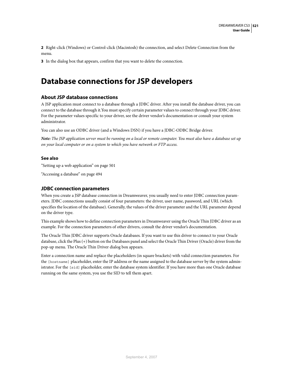 Database connections for jsp developers, About jsp database connections, Jdbc connection parameters | Adobe Dreamweaver CS3 User Manual | Page 528 / 738