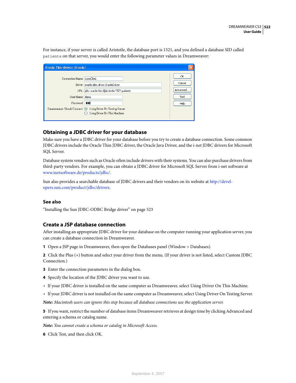 Obtaining a jdbc driver for your database, Create a jsp database connection | Adobe Dreamweaver CS3 User Manual | Page 529 / 738