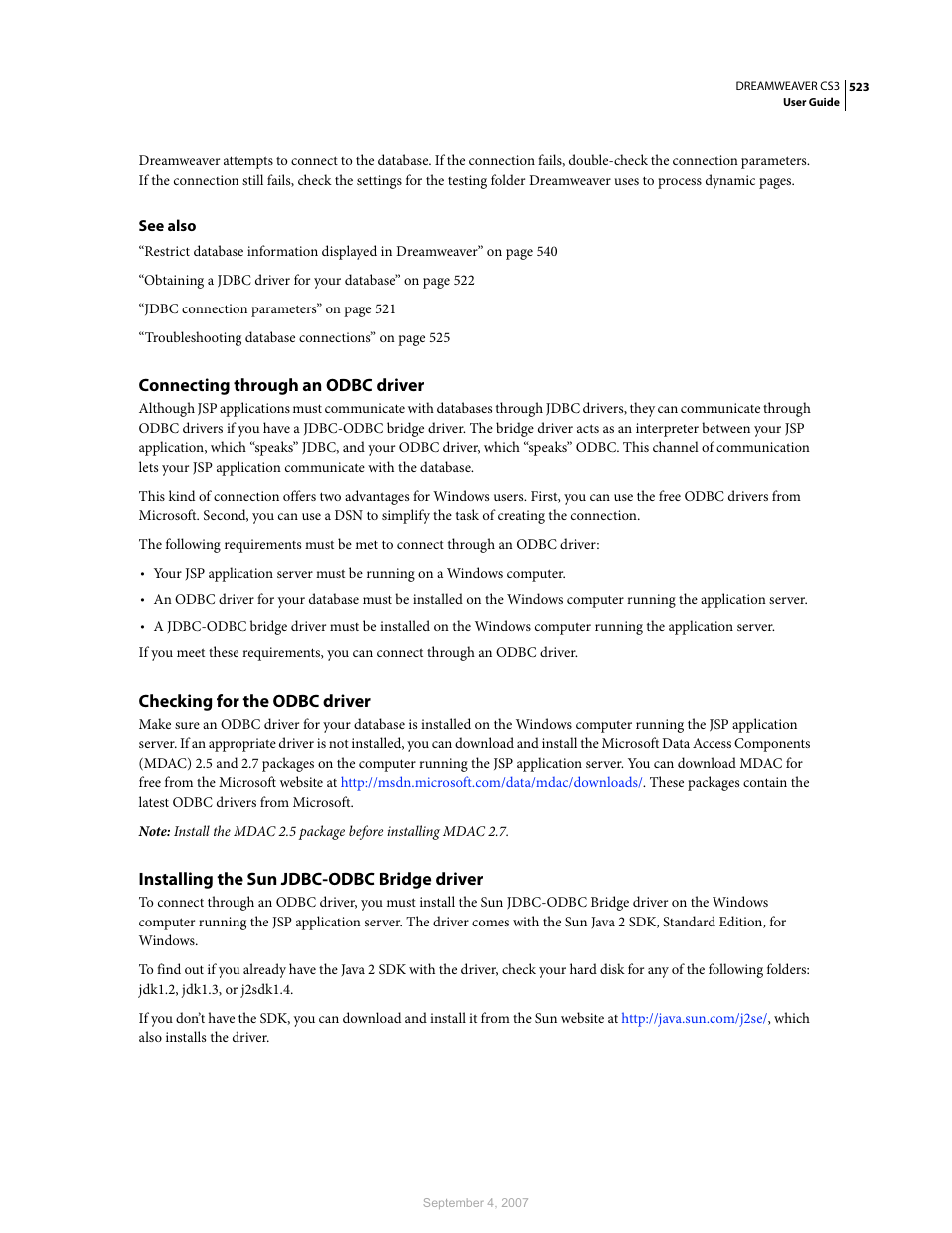 Connecting through an odbc driver, Checking for the odbc driver, Installing the sun jdbc-odbc bridge driver | Adobe Dreamweaver CS3 User Manual | Page 530 / 738