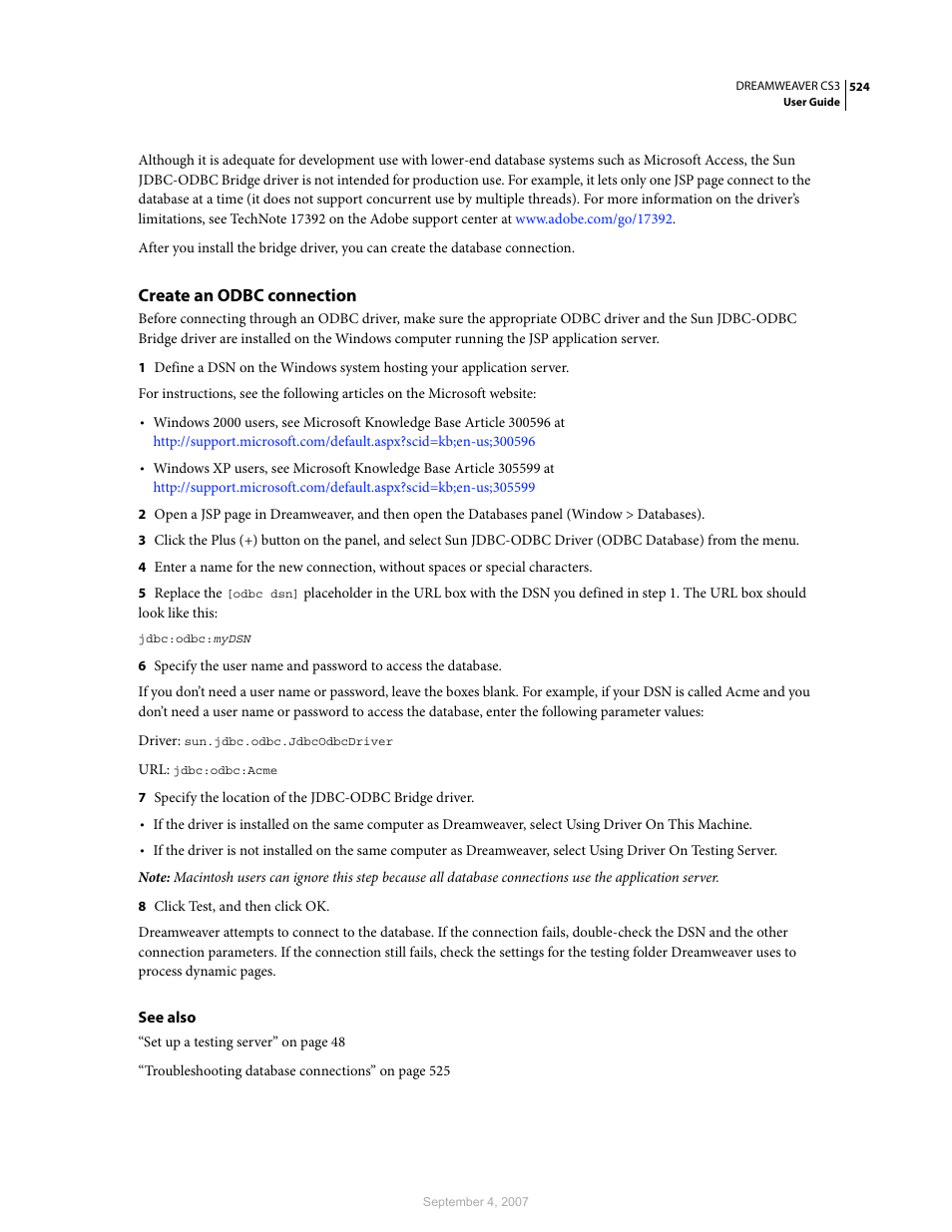 Create an odbc connection | Adobe Dreamweaver CS3 User Manual | Page 531 / 738