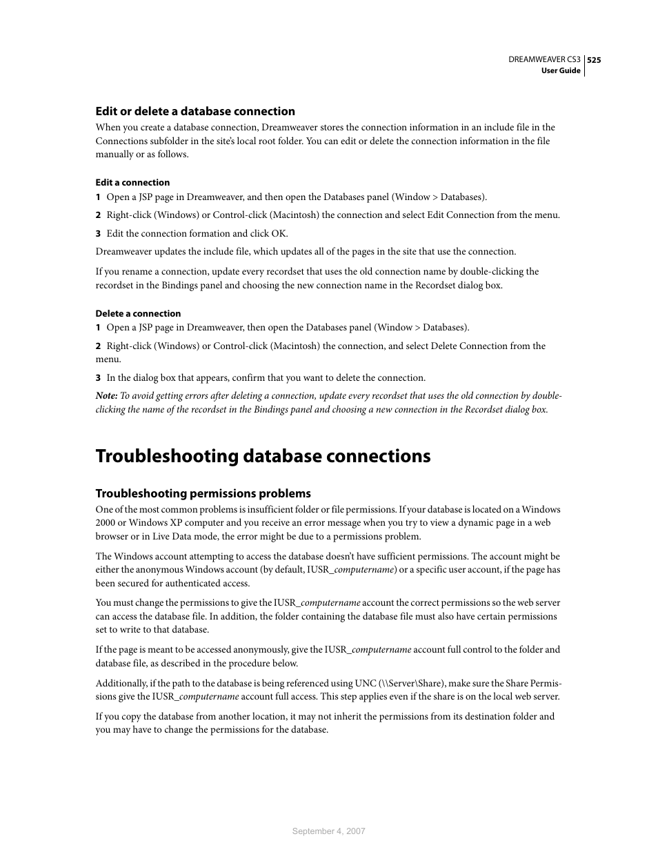 Edit or delete a database connection, Troubleshooting database connections, Troubleshooting permissions problems | Adobe Dreamweaver CS3 User Manual | Page 532 / 738