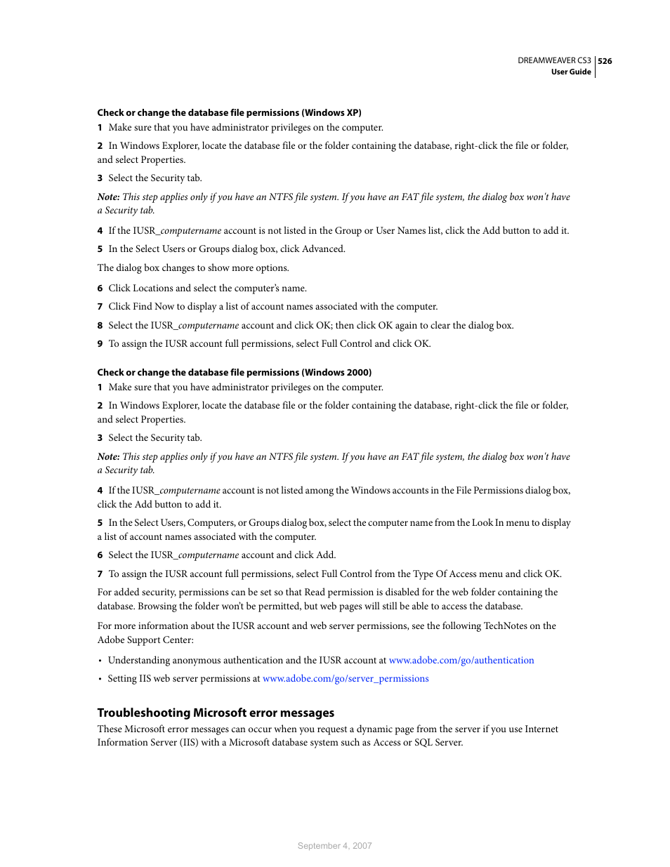 Troubleshooting microsoft error messages | Adobe Dreamweaver CS3 User Manual | Page 533 / 738