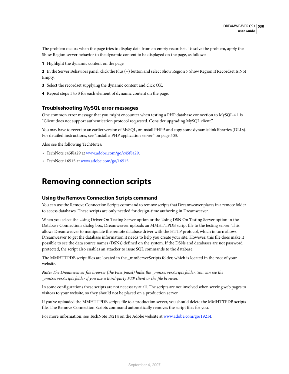 Troubleshooting mysql error messages, Removing connection scripts, Using the remove connection scripts command | Adobe Dreamweaver CS3 User Manual | Page 537 / 738