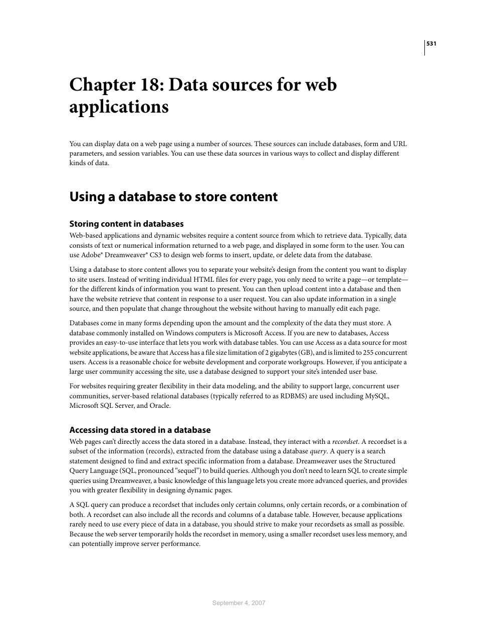 Chapter 18: data sources for web applications, Using a database to store content, Storing content in databases | Accessing data stored in a database | Adobe Dreamweaver CS3 User Manual | Page 538 / 738