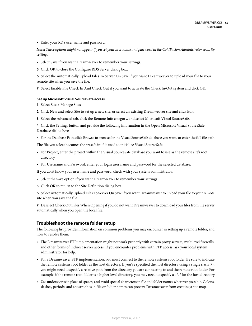 Troubleshoot the remote folder setup | Adobe Dreamweaver CS3 User Manual | Page 54 / 738