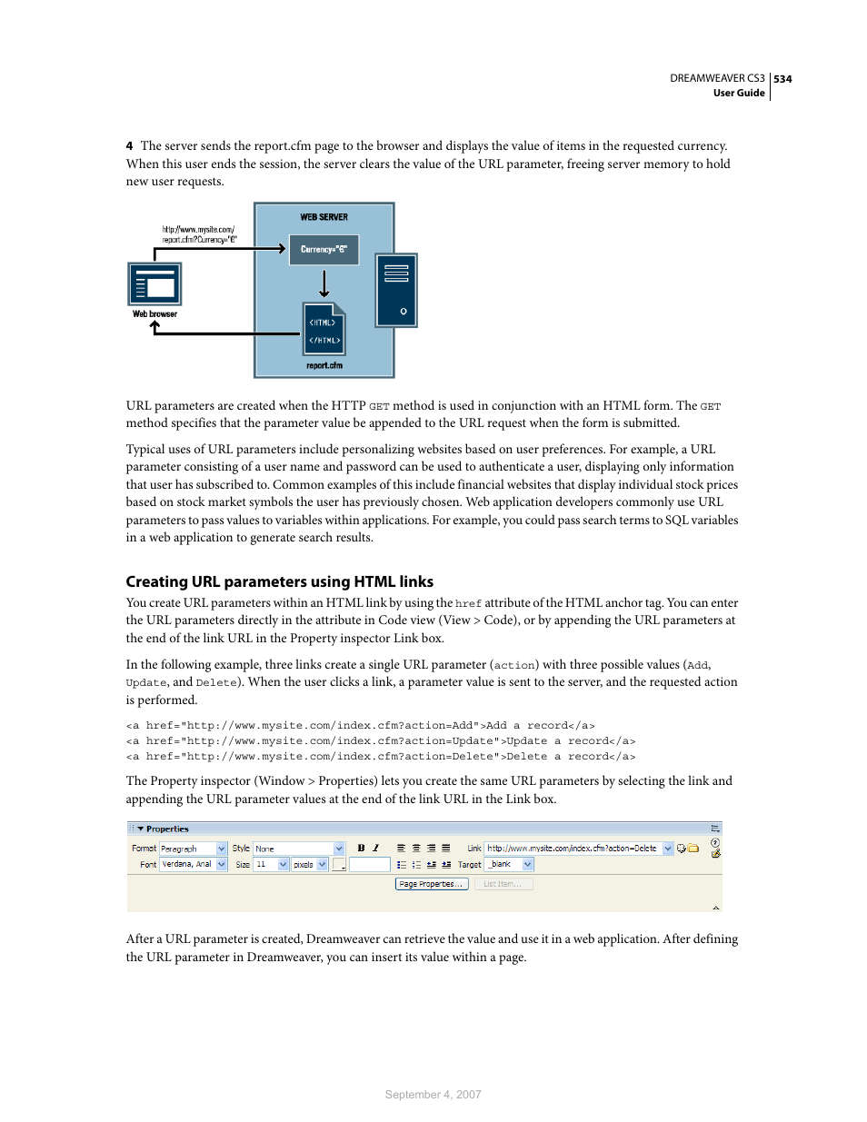 Creating url parameters using html links | Adobe Dreamweaver CS3 User Manual | Page 541 / 738