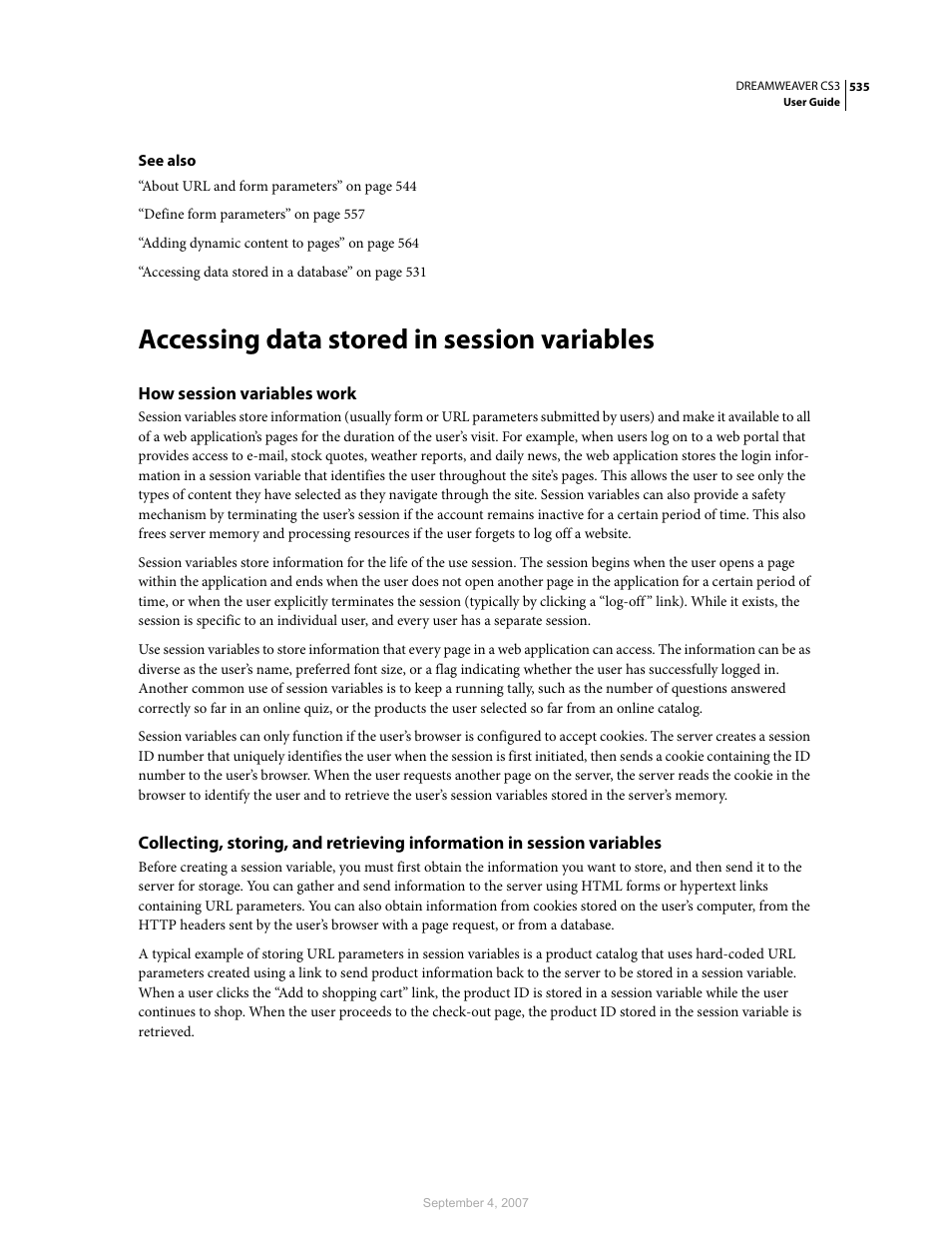 Accessing data stored in session variables, How session variables work | Adobe Dreamweaver CS3 User Manual | Page 542 / 738