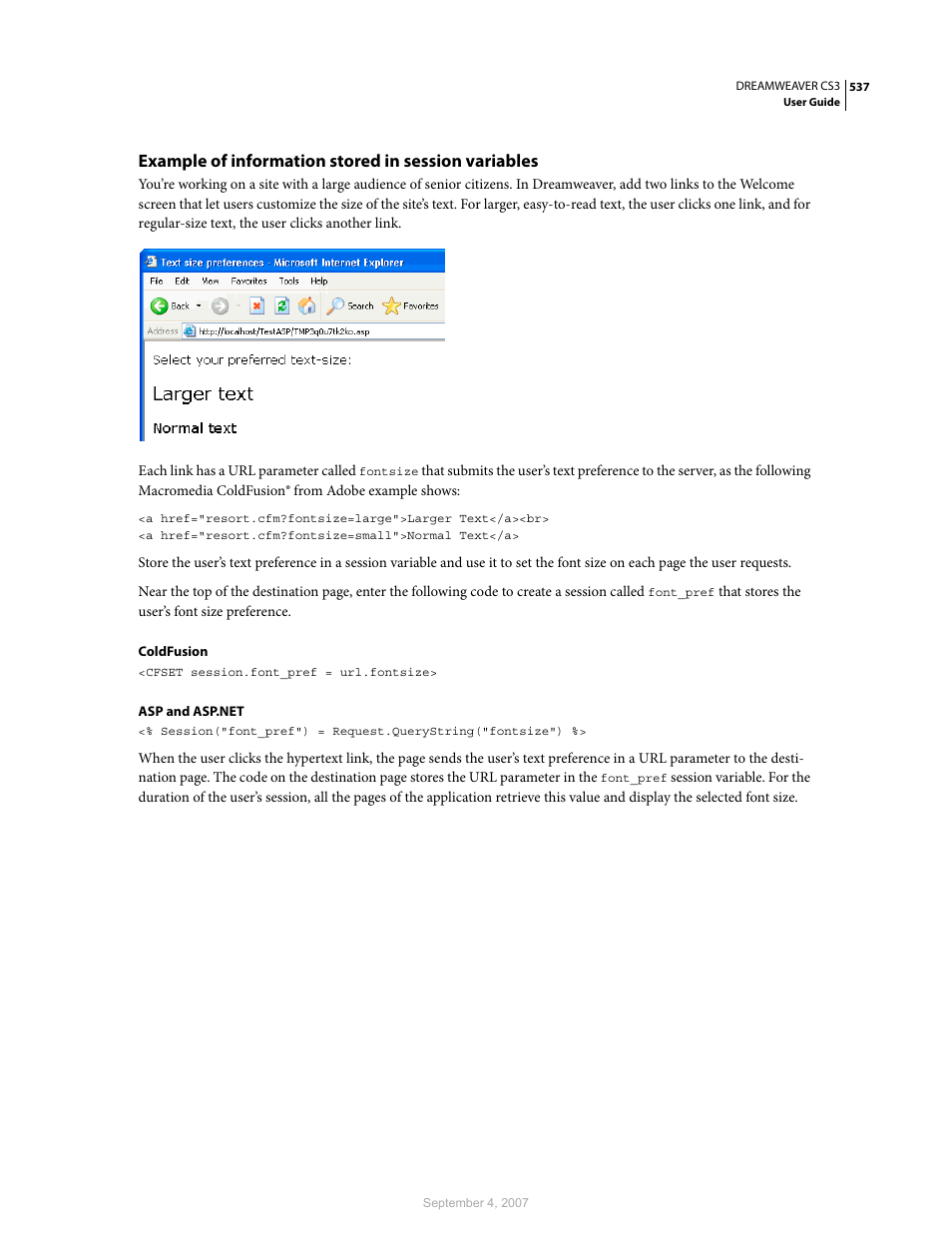 Example of information stored in session variables | Adobe Dreamweaver CS3 User Manual | Page 544 / 738
