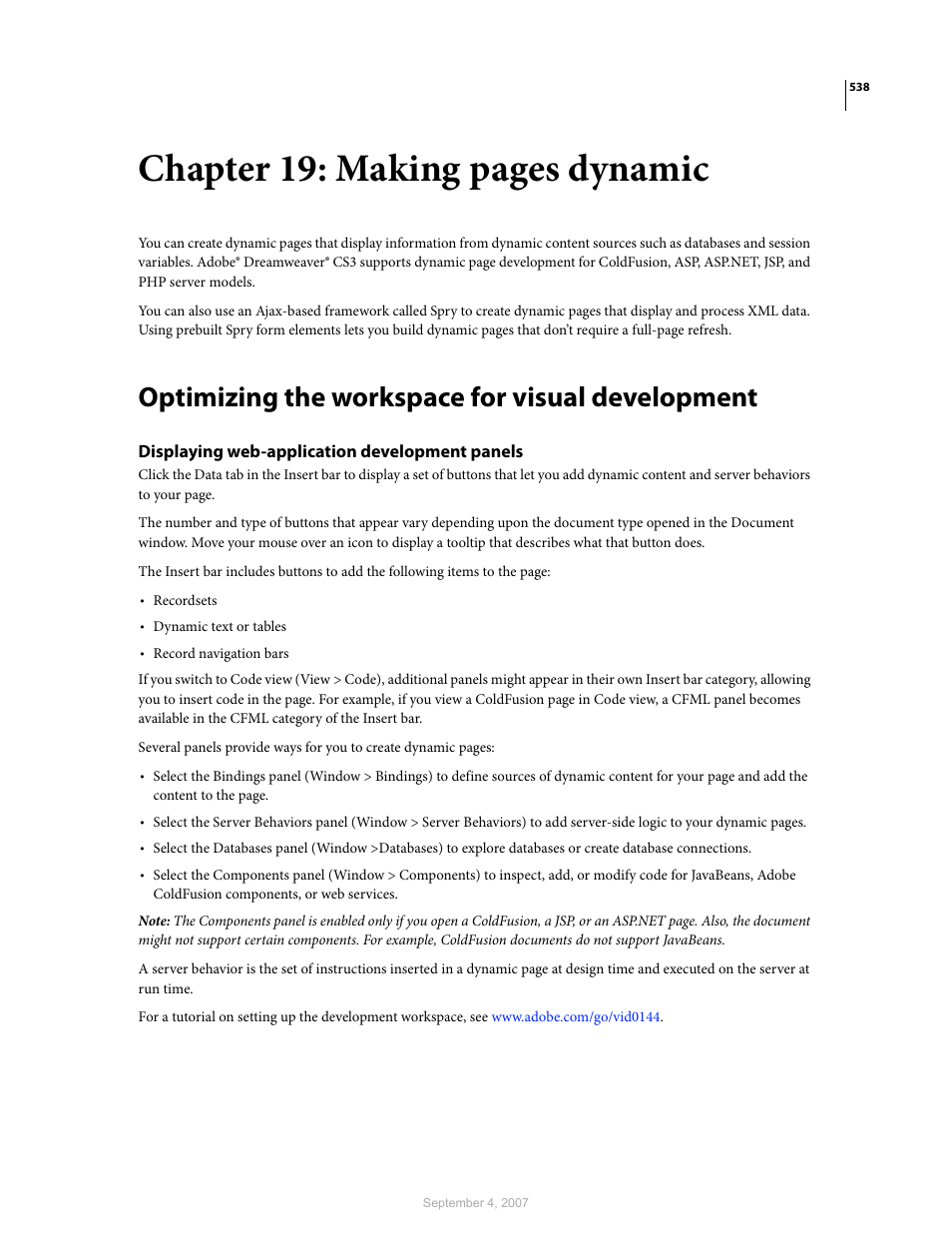 Optimizing the workspace for visual development, Displaying web-application development panels, Chapter 19: making pages dynamic | Adobe Dreamweaver CS3 User Manual | Page 545 / 738