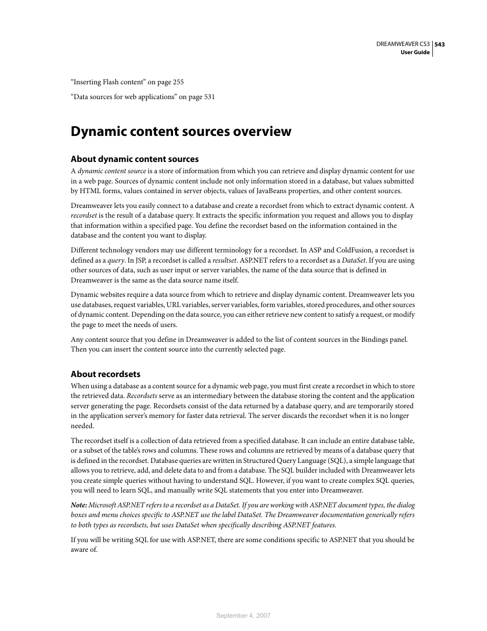 Dynamic content sources overview, About dynamic content sources, About recordsets | Adobe Dreamweaver CS3 User Manual | Page 550 / 738