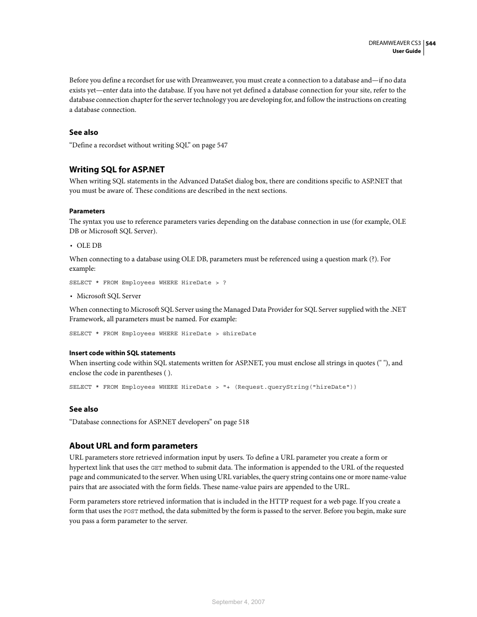 Writing sql for asp.net, About url and form parameters | Adobe Dreamweaver CS3 User Manual | Page 551 / 738