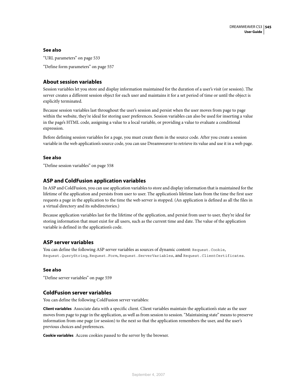 About session variables, Asp and coldfusion application variables, Asp server variables | Coldfusion server variables | Adobe Dreamweaver CS3 User Manual | Page 552 / 738