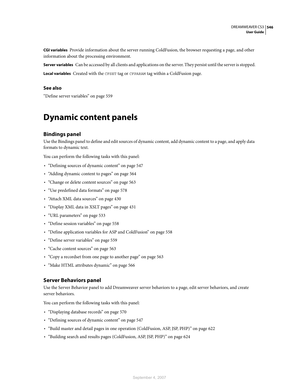 Dynamic content panels, Bindings panel, Server behaviors panel | Adobe Dreamweaver CS3 User Manual | Page 553 / 738