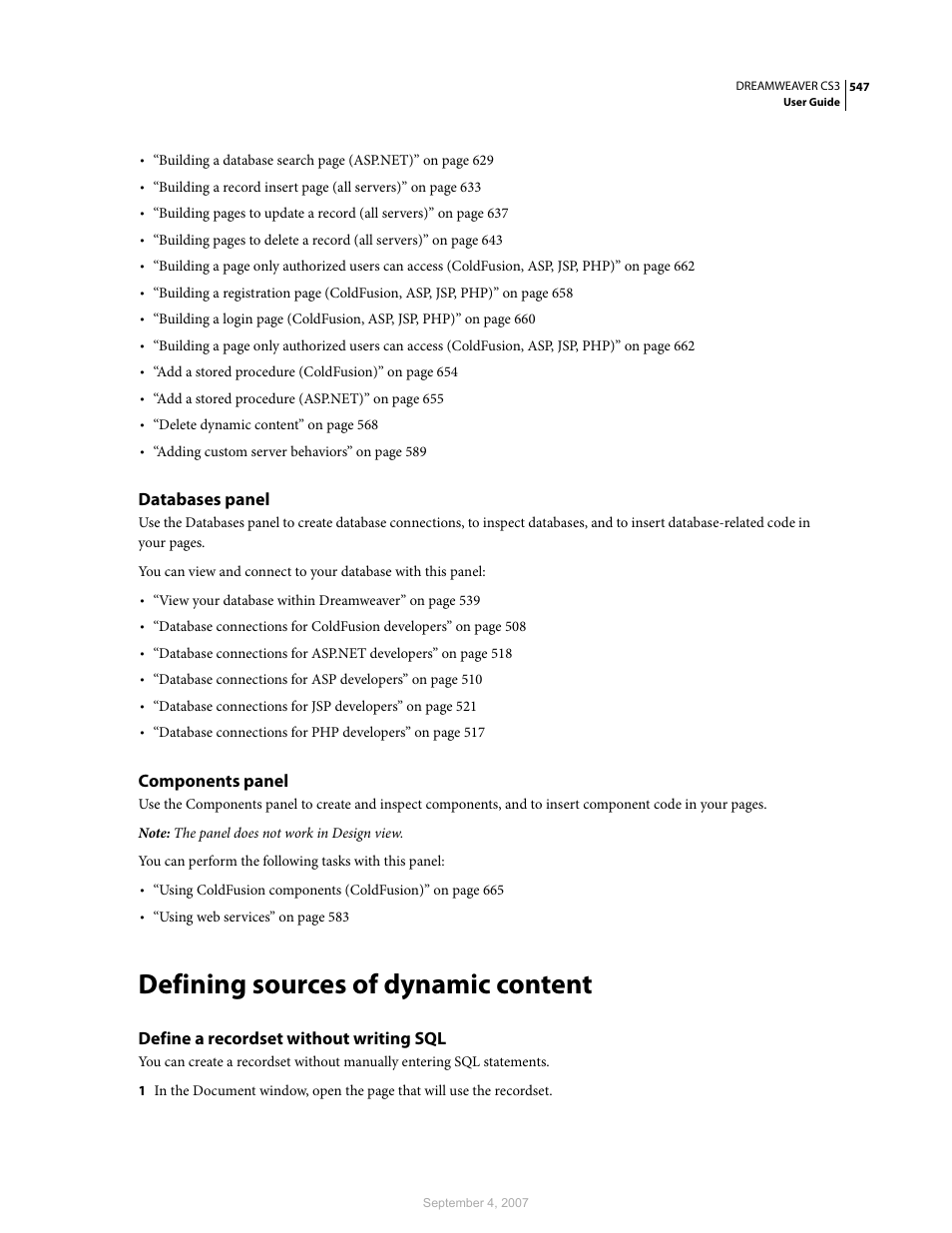 Databases panel, Components panel, Defining sources of dynamic content | Define a recordset without writing sql | Adobe Dreamweaver CS3 User Manual | Page 554 / 738