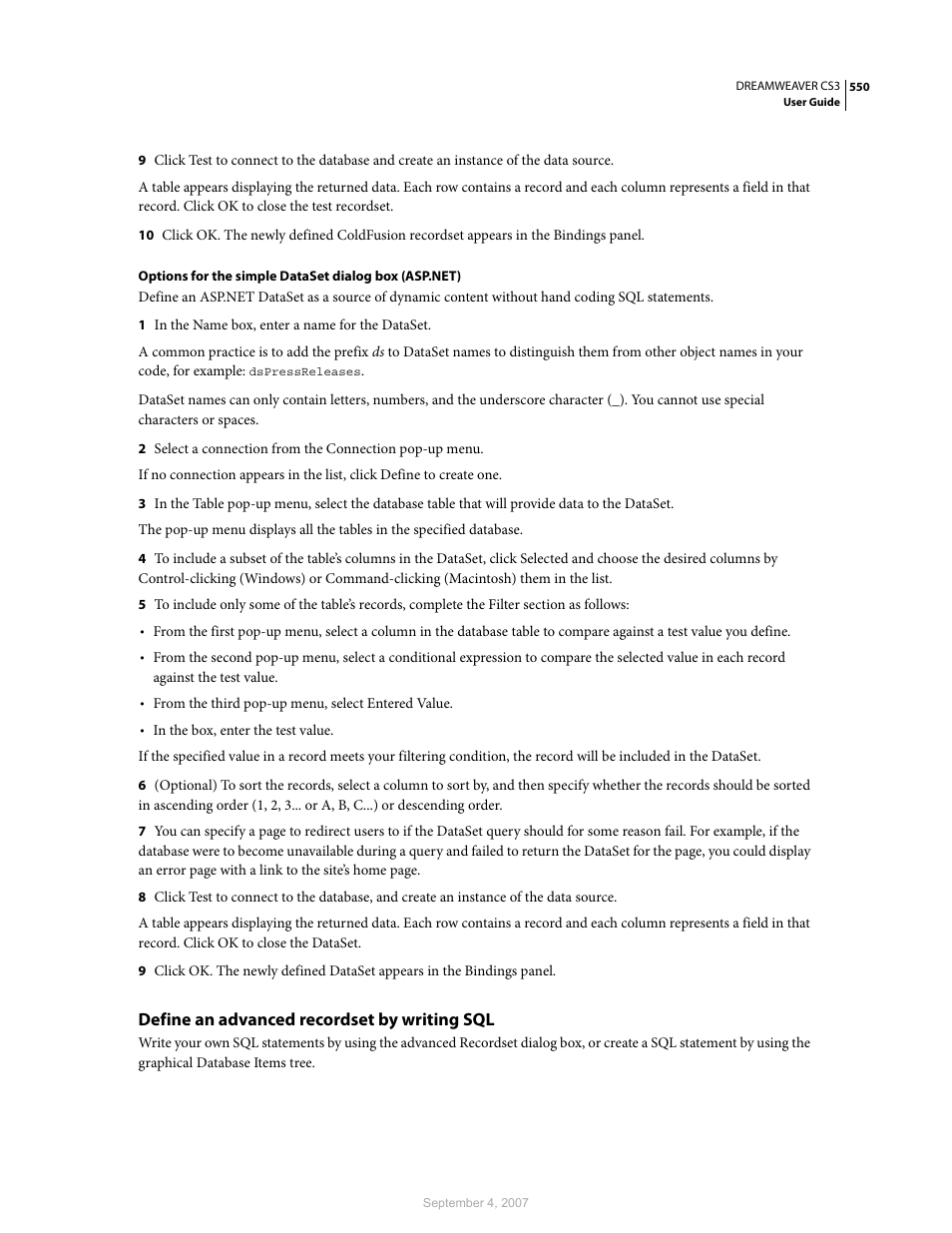 Define an advanced recordset by writing sql | Adobe Dreamweaver CS3 User Manual | Page 557 / 738