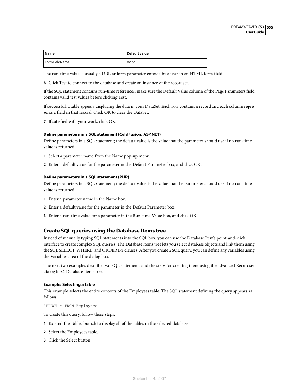 Create sql queries using the database items tree | Adobe Dreamweaver CS3 User Manual | Page 562 / 738