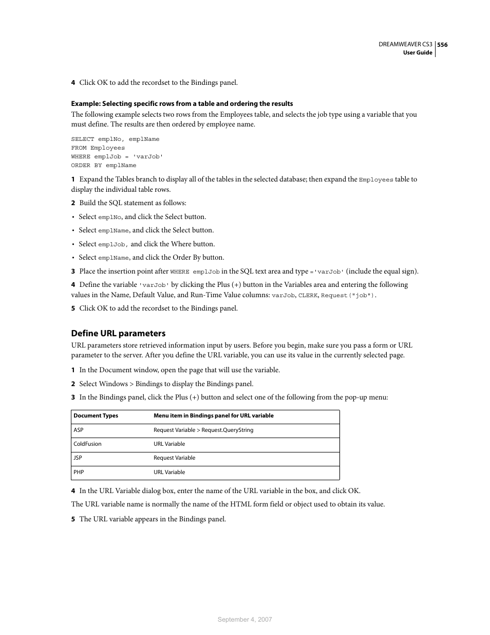 Define url parameters | Adobe Dreamweaver CS3 User Manual | Page 563 / 738