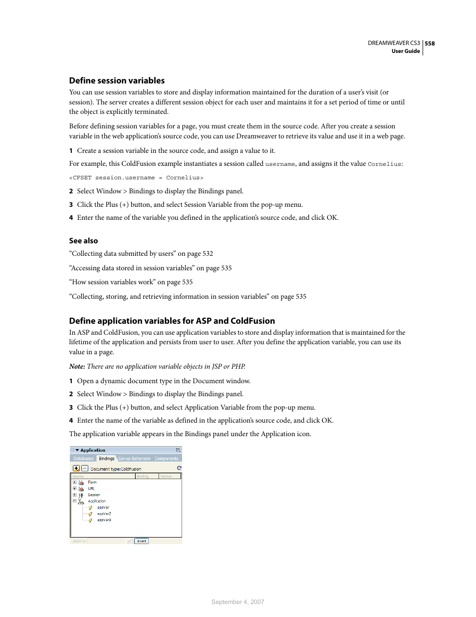 Define session variables | Adobe Dreamweaver CS3 User Manual | Page 565 / 738