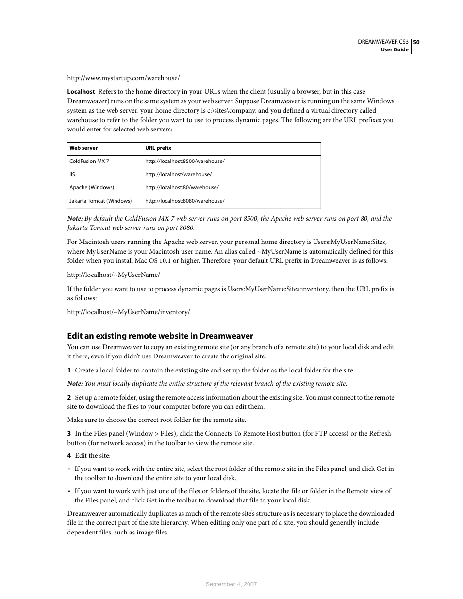 Edit an existing remote website in dreamweaver | Adobe Dreamweaver CS3 User Manual | Page 57 / 738