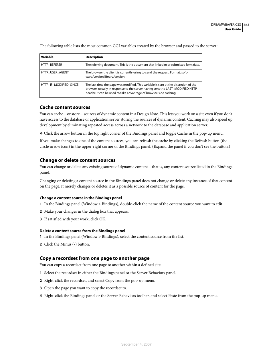 Cache content sources, Change or delete content sources, Copy a recordset from one page to another page | Adobe Dreamweaver CS3 User Manual | Page 570 / 738