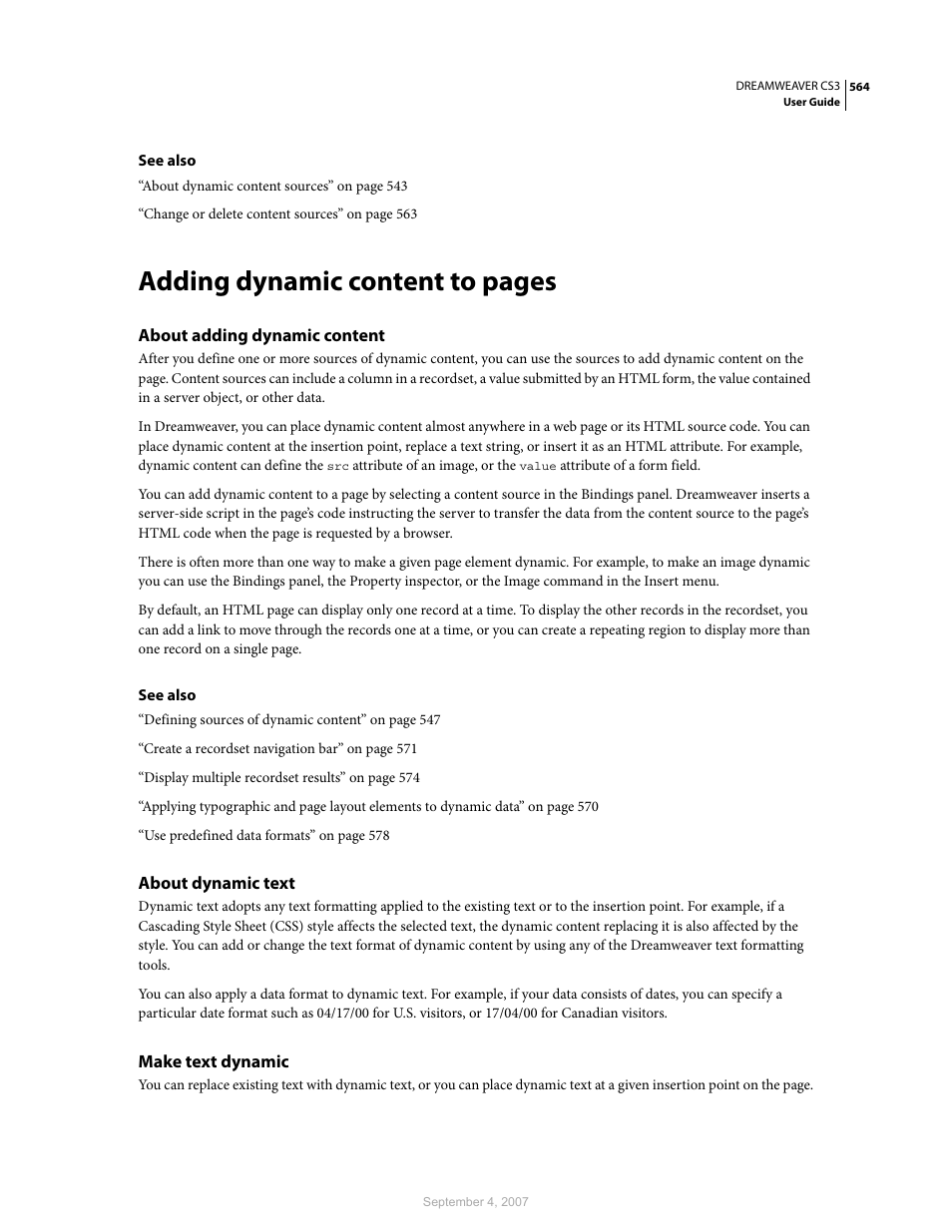About adding dynamic content, About dynamic text, Make text dynamic | Adding dynamic content to pages | Adobe Dreamweaver CS3 User Manual | Page 571 / 738