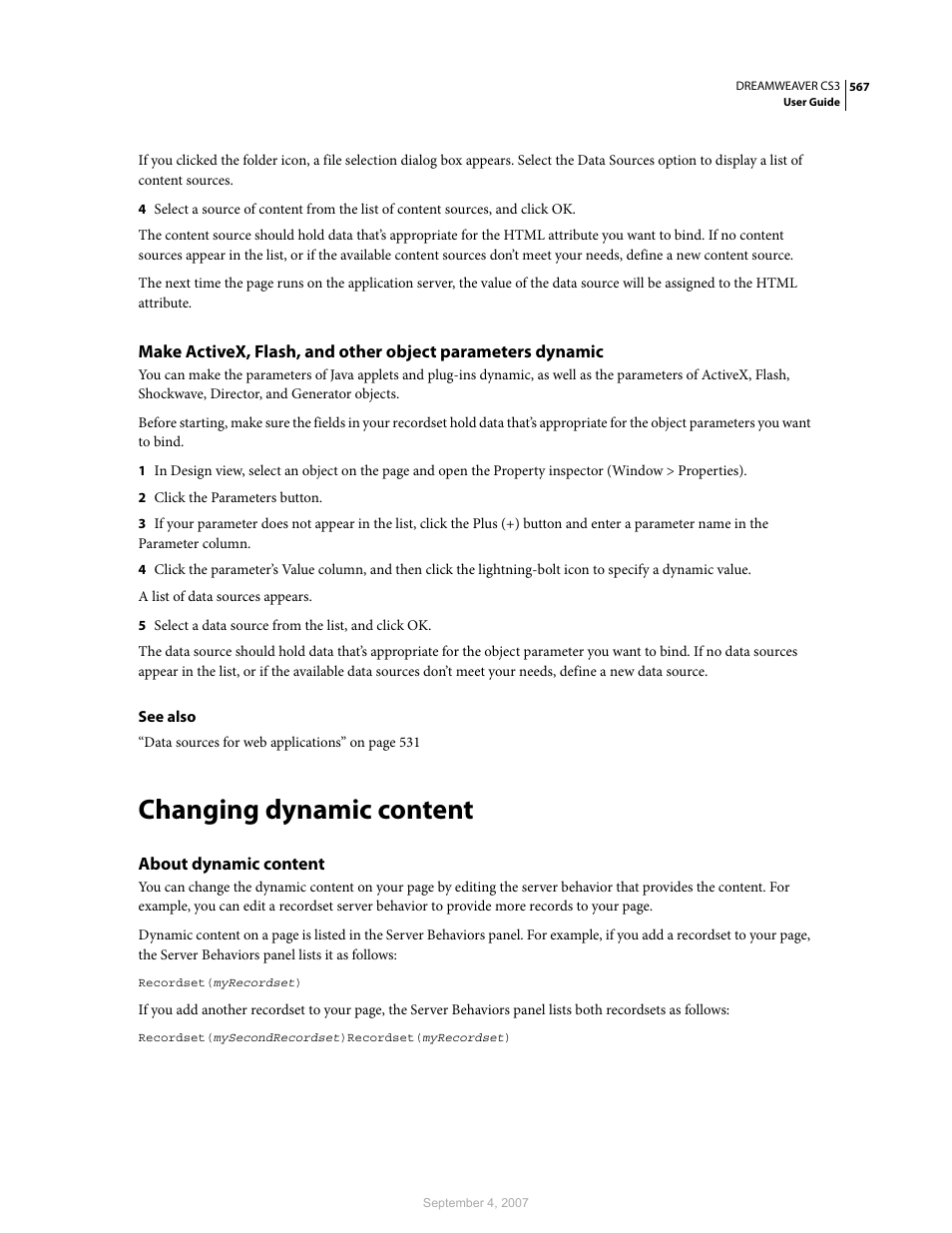 Changing dynamic content, About dynamic content | Adobe Dreamweaver CS3 User Manual | Page 574 / 738