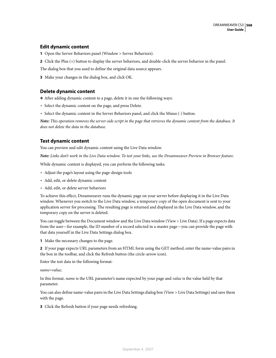 Edit dynamic content, Delete dynamic content, Test dynamic content | Adobe Dreamweaver CS3 User Manual | Page 575 / 738