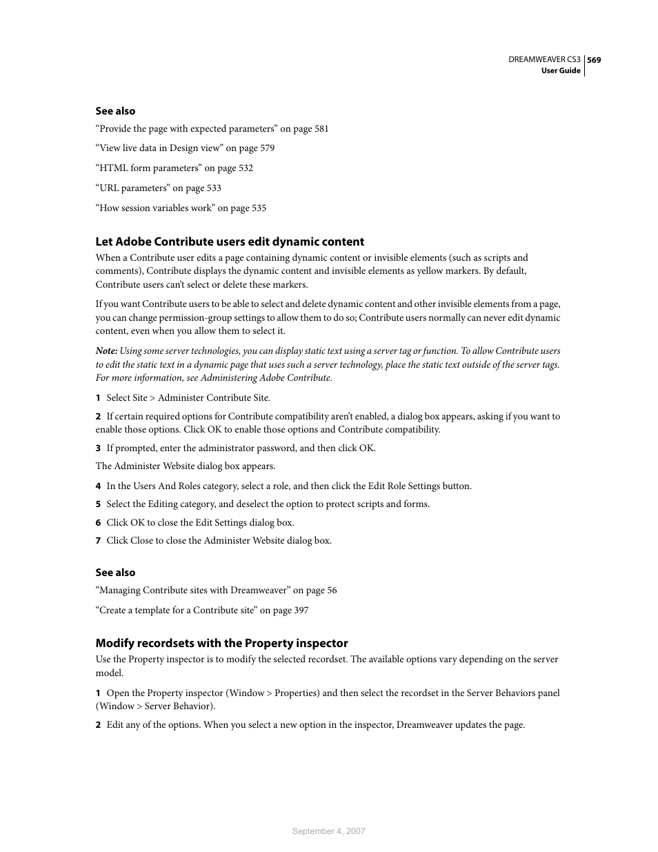Let adobe contribute users edit dynamic content, Modify recordsets with the property inspector | Adobe Dreamweaver CS3 User Manual | Page 576 / 738