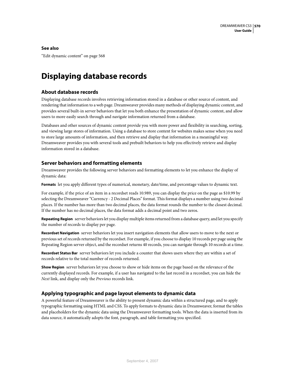 Displaying database records, About database records, Server behaviors and formatting elements | Adobe Dreamweaver CS3 User Manual | Page 577 / 738