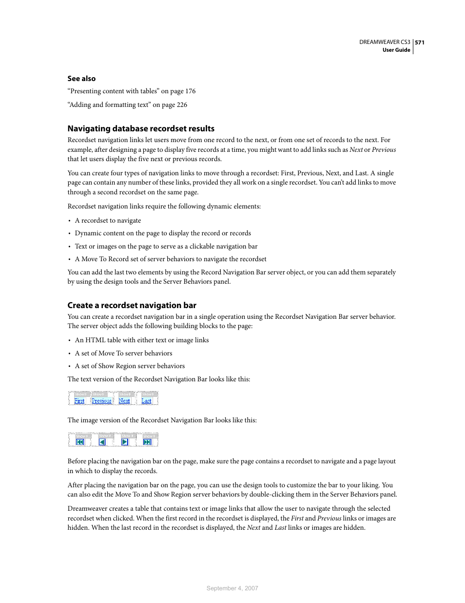 Navigating database recordset results, Create a recordset navigation bar | Adobe Dreamweaver CS3 User Manual | Page 578 / 738
