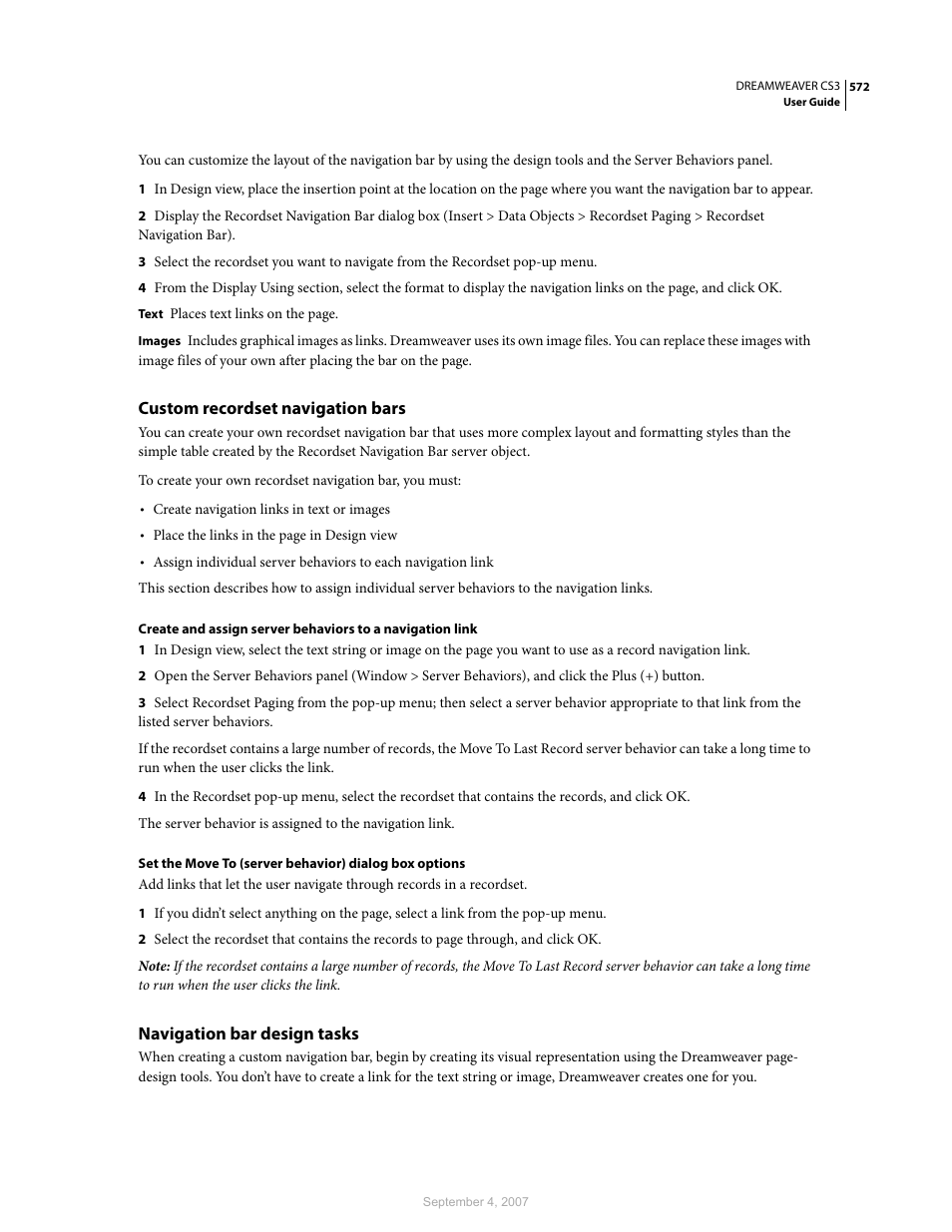 Custom recordset navigation bars, Navigation bar design tasks | Adobe Dreamweaver CS3 User Manual | Page 579 / 738