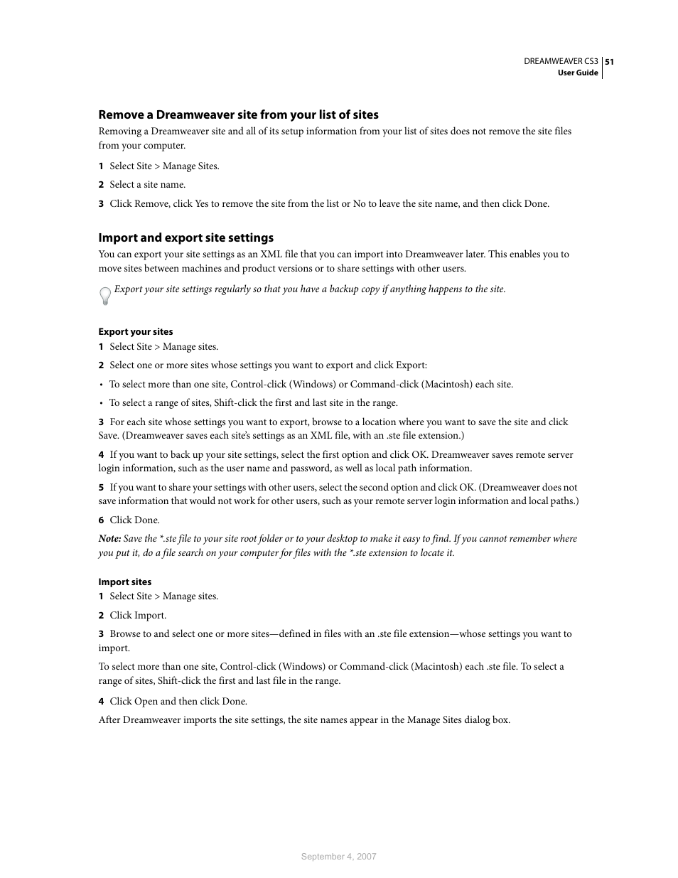 Remove a dreamweaver site from your list of sites, Import and export site settings | Adobe Dreamweaver CS3 User Manual | Page 58 / 738