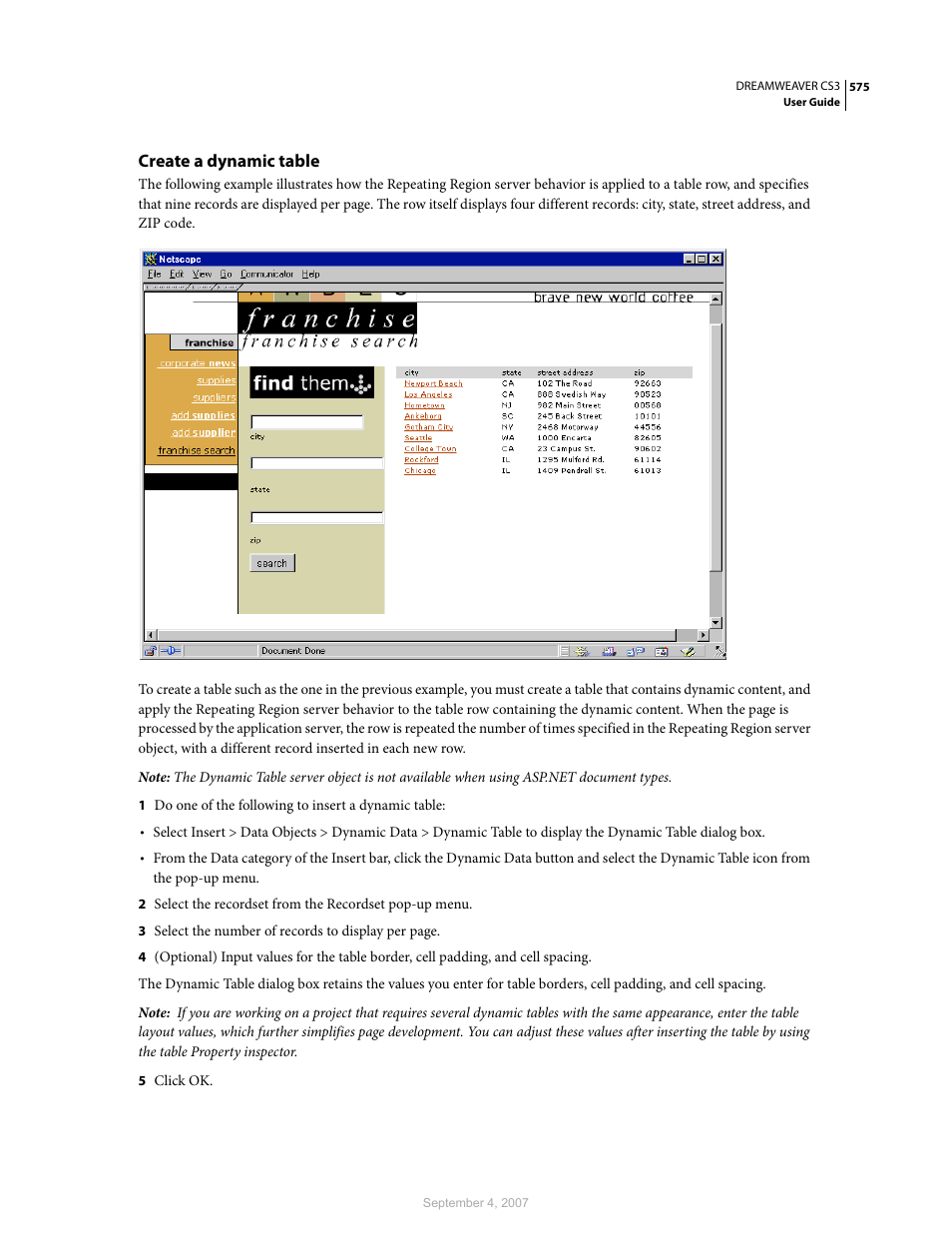 Create a dynamic table | Adobe Dreamweaver CS3 User Manual | Page 582 / 738