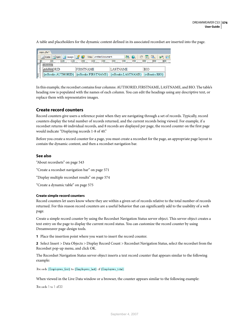 Create record counters | Adobe Dreamweaver CS3 User Manual | Page 583 / 738