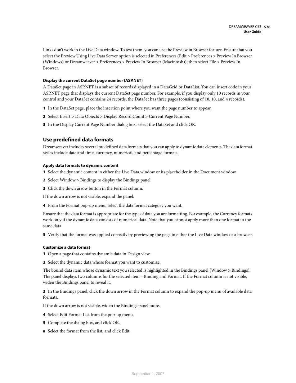 Use predefined data formats | Adobe Dreamweaver CS3 User Manual | Page 585 / 738